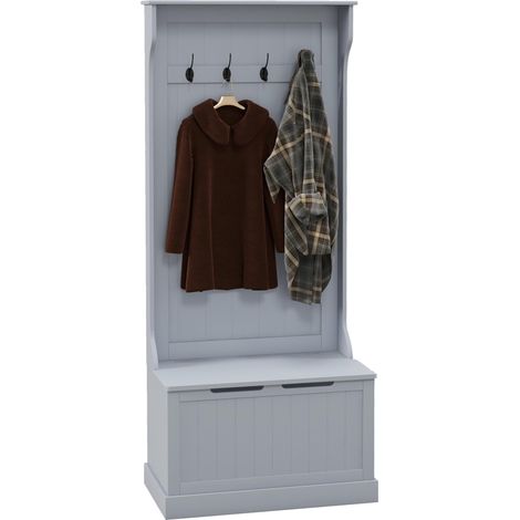Porte-manteau 3 en 1 avec 4 crochets et banc de rangement, en bois, 71,5 x 39,5 x 170 cm, gris