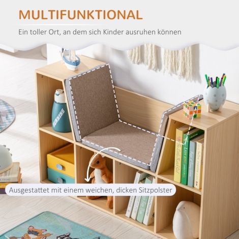 Bibliothèque pour enfants 103x30x62cm - Avec 6 cases et 3 coussins - Dès 3 ans - Gris + Naturel (1/5)