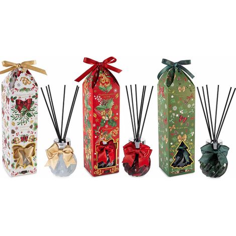 Parfums d'ambiance de Noël en verre coloré avec nœud et bâtons, coffret cadeau, set de 3, diam. 7 x H. 9 cm (avec bâton 23)