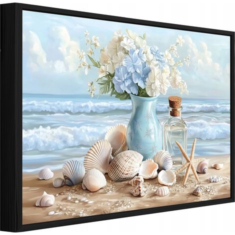 Leinwandbild Wandbild mit schwarzem Rahmen, Meer Vase und Blumen, elegante Wanddekoration für Wohnzimmer und Schlafzimmer, Kunstdruck HD, 40 x 30 cm