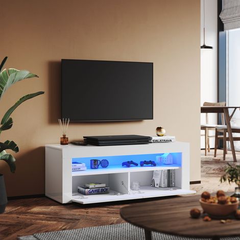 SONNI Mueble TV Blanco Brillo con 12 Colores LED,Mesa de Salón para TV 2 Puertas Abatibles 120 cm (1/5)