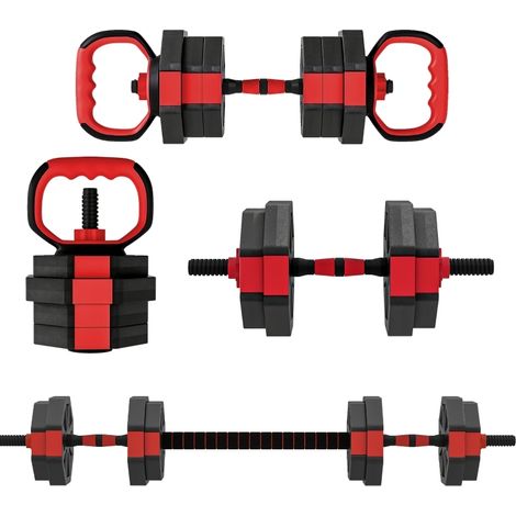 Set de pesas 4 en 1 ajustable 15 kg, kettlebell, barra y flexiones, rojo, OKWISH (1/5)