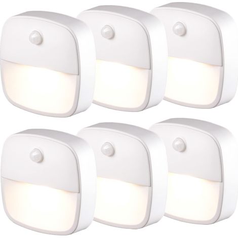 Lampe Détecteur de Mouvement Intérieure, Lot de 6 Veilleuses LED sur Piles, Éclairage Automatique pour Escalier, Couloir, Chambre, Cuisine, Placard - Blanc Chaud