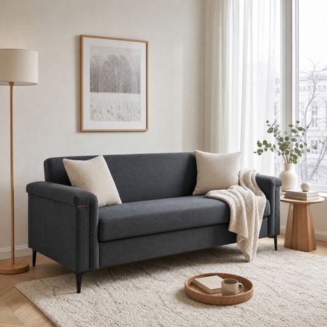 Canapé droit 2 places en tissu lin gris, style scandinave, compact pour salon ou petit appartement, 172x72x82 cm,pieds en métal (1/5)