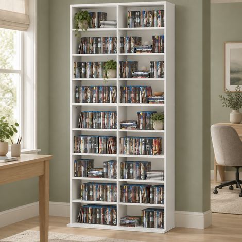 Mobile CD/DVD 78,5x24x175 cm in truciolare bianco, 14 ripiani, salvaspazio – MEUBLIV (1/5)