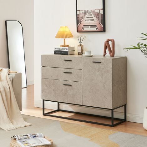 Comò Lavangen con Anta e 3 Cassetti 75 x 100 x 35 cm Nero / Effetto Cemento Chiaro [en.casa]