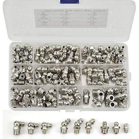 Assortiment de 115 graisseurs M6 M8 M10 – Raccords filetés en fer nickelé droit et coudé 45°/90° – Pour équipement mécanique (1/5)