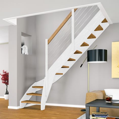 Dolle Raumspartreppe Faro 1/4-gewendelt 243-299cm GH 55-75cm breit Eiche weiß Knieleiste aus Holz
