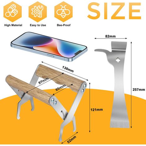 Kit d'Outils d'Apiculture Pince à Cadre de Ruche en Acier Inoxydable avec Poignée en Bois et Lève-ruche Grattoir Multifonctionnel Accessoires pour Apiculteur