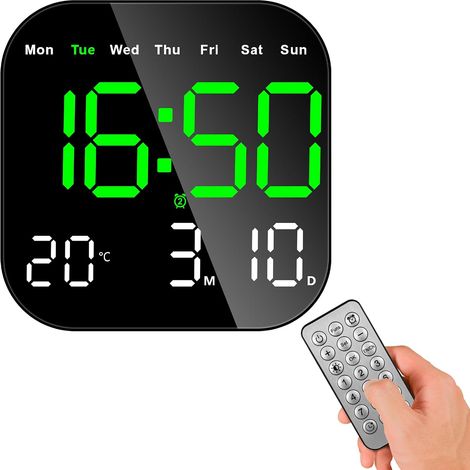 Digital Wall Clock, Large Digital Clock with Remote Control, Dual Alarm, Adjustable Brightness, Timer Function, Date, LED Clock for Home and Office (Green) (1/5)