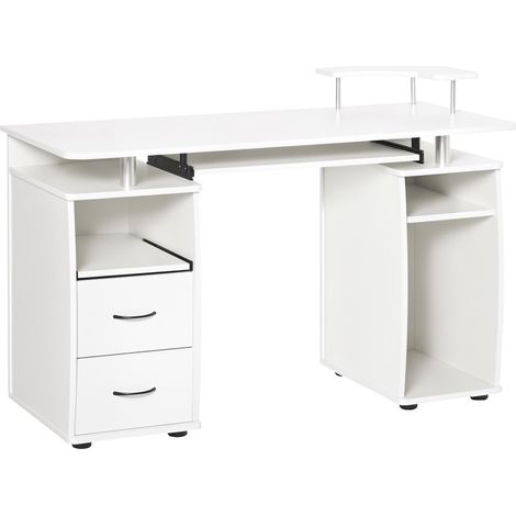 Bureau avec étagères, bureau d'ordinateur avec deux tiroirs, plateau pour clavier, support pour écran, 120x55x85 cm, blanc. (1/5)