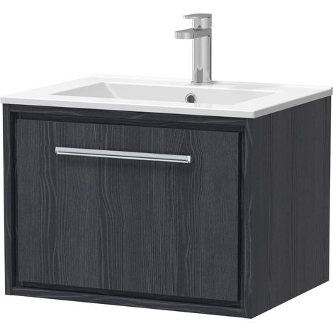 Longnor 1 Drawer Wall Hung Vanity Unit with 1 Tap Hole Minimalist Basin, Woodgrain Graphite Grey, 600mm