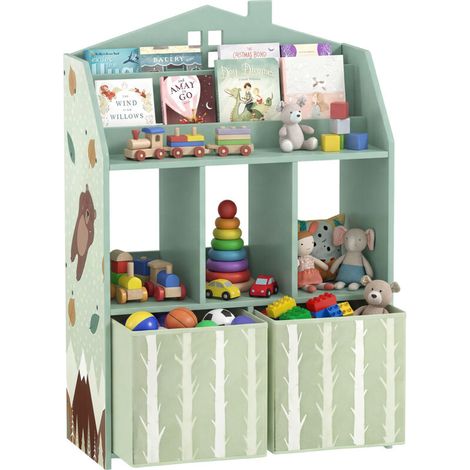 Meuble rangement enfant en MDF vert, bibliothèque enfants avec étagères ouvertes et 2 tiroirs en tissu, rangement jouets et livres. (1/5)
