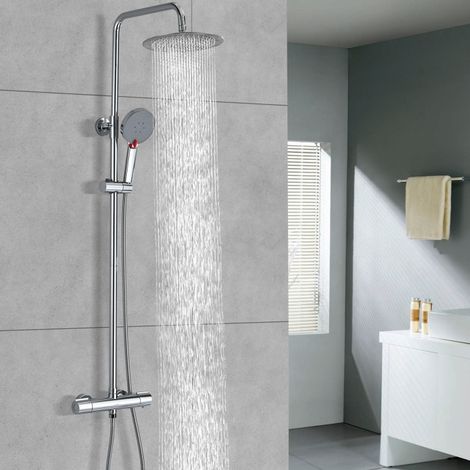 DETBOM Columna de Ducha Termostática Kit de Ducha Redondo Cromado Sistema de Ducha de Acero Inoxidable de Altura Ajustable