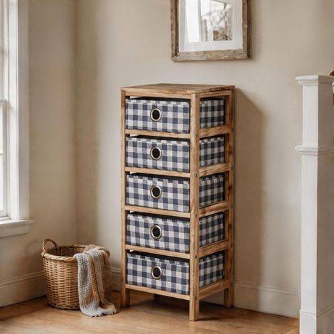 Wooden Chest 5 Storage Drawers Blue Plaid Fabric Bedroom Organiser Coastal Style (1/5)