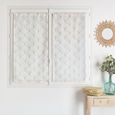 Paire de Petits Voilages Brodés Style Art Déco - Polyester - Motifs Géométriques Années 30 - pour Fenêtre Salon Chambre Cuisine - Ourlet Passe Tringle - Prêts à Poser - 60 x 120 cm - Beige (1/2)