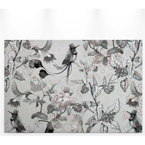 Tableau fleurs & oiseaux noir gris & blanc | Tableau moderne pour deco salon | Tableau japonais pour bureau & chambre adulte - 0,9 x 0,6 m (1/5)
