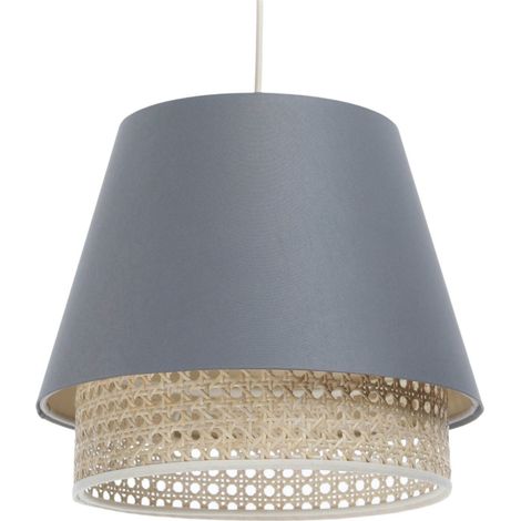 Suspension Extérieur en tissu satiné gris avec rotin naturel, intérieur crème - Gris, crème (1/5)