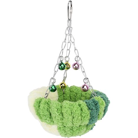 Bird Nest Warm Cozy Soft Plush Cute Look Bell Pendant Parrot Breeding Nest Bed Hanging Swing for Home Indoor Small, Deep Green (1/5)