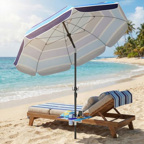 Ombrellone da spiaggia Ø198 cm UV30+ Ombrellone da spiaggia con tavolo pieghevole, portabevande, inclinazione regolabile, multicolore