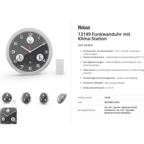 Mebus 13149 Radiocontrollato Orologio radiocontrollato 30 cm Alluminio Movimento silenzioso (senza scatti)