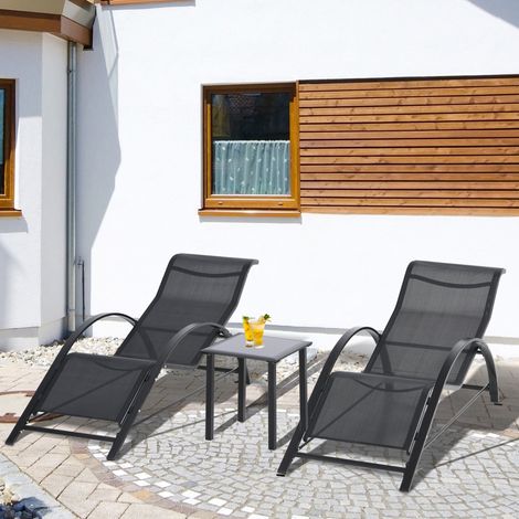 Outsunny 2er-Set Garten-Sonnenliegen mit Beistelltisch aus gehärtetem Glas, Sonnenliegen mit Rücken- und Armlehnen für Terrasse, Pool, Balkon und Außenbereich, Schwarz