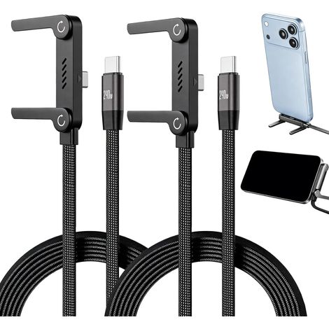2er-Pack 240-W-Schnellladekabel mit USB-C-Anschluss und integrierter Handyhalterung 2-in-1-Ladekabel mit seitlicher Ladefunktion, 2 m lang, geflochten, für Smartphones und Tablets, USB-C-Kabel mit un (1/5)