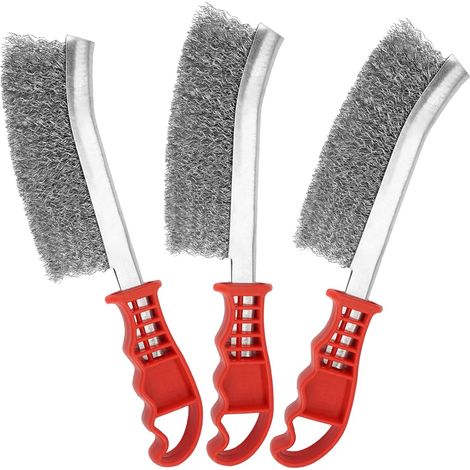 Lot de 3 - Brosse Métallique - Accessoire Nettoyage - Décapage Rouille et Soudure - Poignée Ergonomique - Atelier et Chantier - Rouge - 23,5cm (1/5)