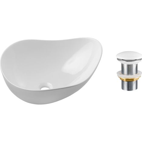 Lavabo da appoggio asimmetrico 51x39 cm bianco lucido in ceramica con piletta clic-clac