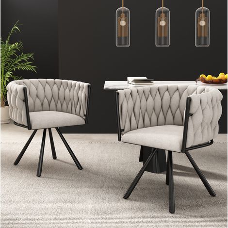 Esszimmerstuhl aus Leinen in Schwarz, 360° drehbar, gepolstert, Metallgestell, 2er-Set,59×54×72cm (1/5)