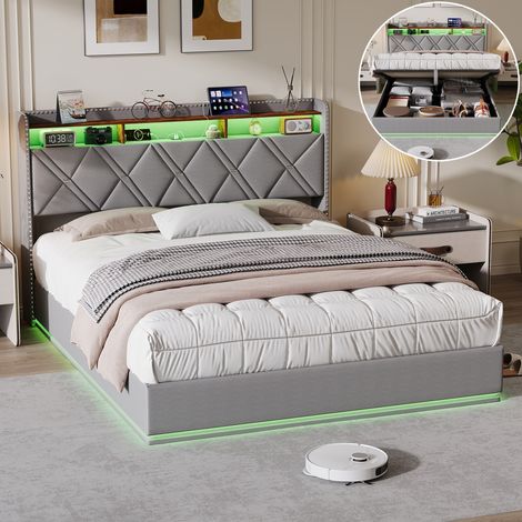 Lit 140x200cm,Lit Coffre Double avec LED et USB/Type-C,Tête de Lit avec Rangements,Cadre de Lit Adulte Adolescent avec Sommier,Lit 2 Place,Tissu lin,Gris (1/5)