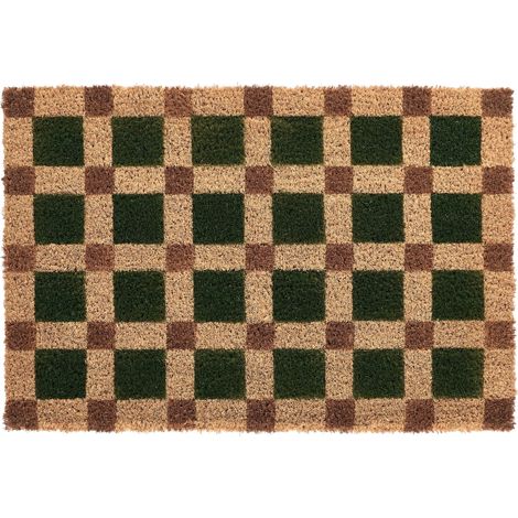 Doormat Beige and Green Coir with Anti-Slip Bottom 40 x 60 cm Anti Slip Decoration Checked Pattern Welcome Mat VILLASIS (1/5)