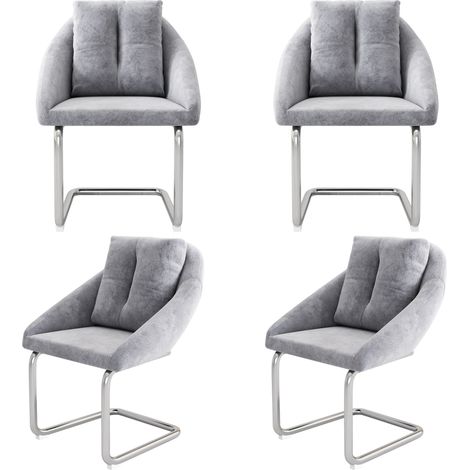 Lot de 4 chaises de salle à manger en velours gris avec coussin et pieds incurvés en métal (1/5)