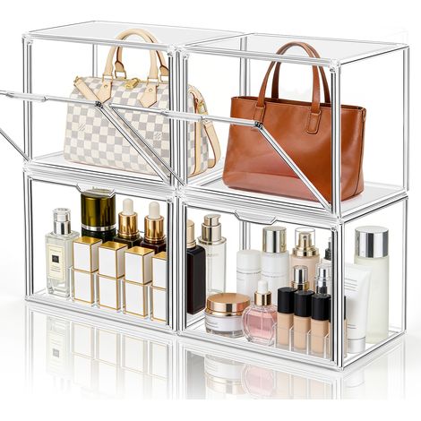 4X Acryl Vitrine 36x22x27cm, Transparente Stapelbare Aufbewahrungsschubladen mit Magnetischer Tür, Schuh Aufbewahrungsboxen, Handtaschen-Organizer für Schrank, Spielzeug-Organisation und Ausstellung (1/5)