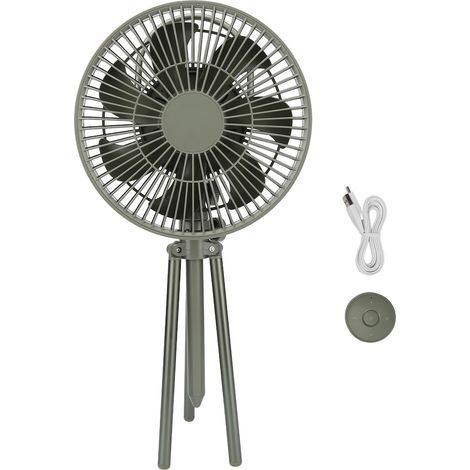 Ventilateur de camping trépied USB avec batterie rechargeable 10 000 mAh et veilleuse intégrée, vert olive. (1/4)