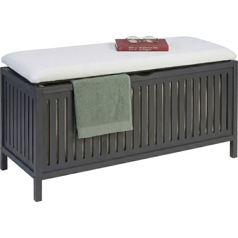Panier à linge Relaxdays, siège noyer, couvercle rembourré, 50×100×38 cm, tabouret de bain avec rangement, gris/blanc