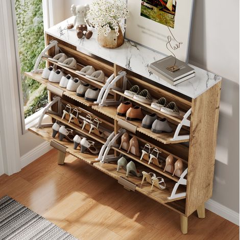 Zapatero 105x24x95,5 cm MDF natural efecto mármol, ahorra espacio, entrada – MEUBLIV (1/5)