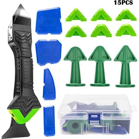 6-in-1 Fugenwerkzeug-Set, Silikon-Schaber und Fugenglätter, blaue Düsen Nr. 5 und dreieckige grüne, multifunktionales Set zum Entfernen von Dichtmasse mit Aufbewahrungsbox-lsw