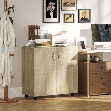 Mobilier de bureau à documents multi-usages avec serrure, 2 portes et étagère intérieure, 80x40x80 cm, Chêne (1/5)
