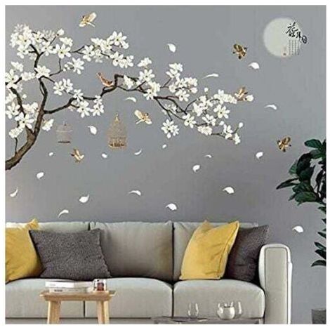 Pair Stickers Muraux fleur cerisier et oiseau sur la branche stickers chambre adulte fleurs de cerisier style vintage DIY SIZE 187 x 128 cm stickers tete de lit ado Vinyle Mural Art Stickers (1/4)