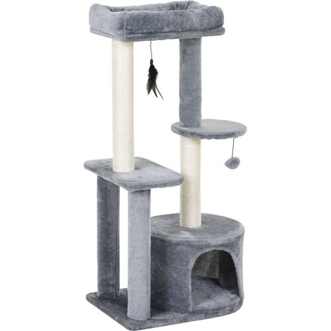 Arbre à chat avec poteaux à griffer en sisal naturel, centre d'activités, grotte pour chat, plateformes et 2 jouets suspendus, gris (1/5)