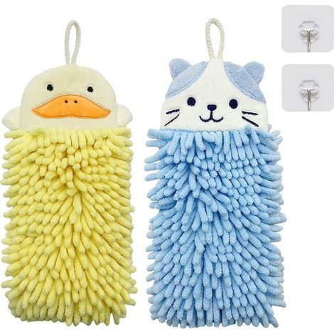 Toalla de mano colgante con diseño de animales adorables, toalla de microfibra suave y mullida, toallas absorbentes de secado rápido con asa para colgar, ideales para la cocina y el baño (2 unidades). (1/5)