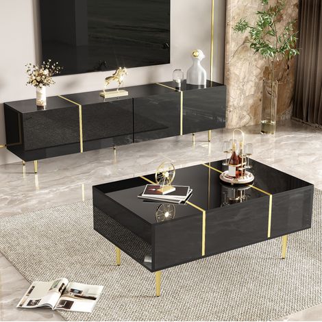 Meuble TV 170x35x46 cm et table basse 100x60x41,5 cm noir en MDF avec finition brillante, rangements et fermeture douce (1/5)