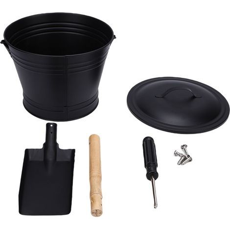 Schwarzer Kohleeimer mit Schaufel, Metall-Ascheeimer für Kamine, geeignet für Kamine, Feuerstellen im Freien und Holzöfen. (1/5)