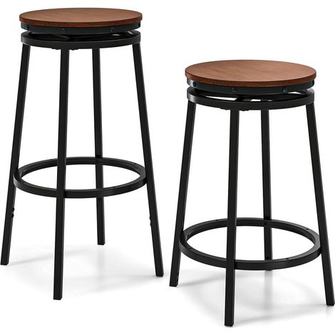 COSTWAY Set di 2 Sgabelli Girevoli e Regolabili in Altezza, Sgabelli da Bar in Metallo e MDF con Poggiapiedi, Mobile per Isola della Cucina, Sala da Pranzo e Salotto, Marrone e Nero (1/5)