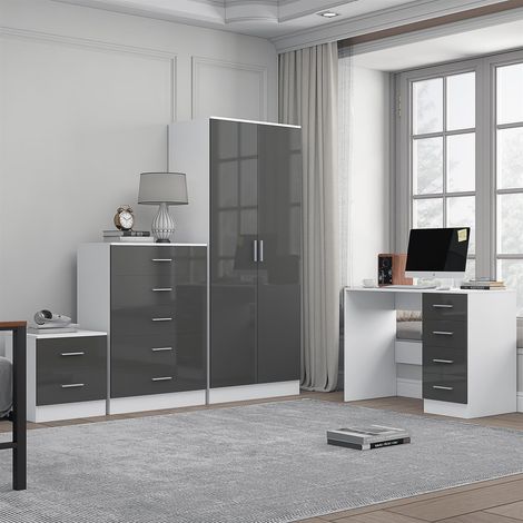 Reflect 2 Door Plain Wardrobe, 5 Drawer Chest, 2 Drawer Bedside & Desk - Grey Gloss & Matt White - Modern Bedroom Furniture Set
