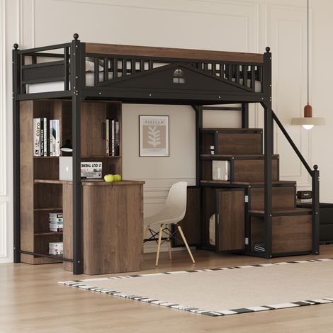 Lit mezzanine en métal 90x200cm - avec échelle de rangement - Noir (matelas non inclus) (1/5)