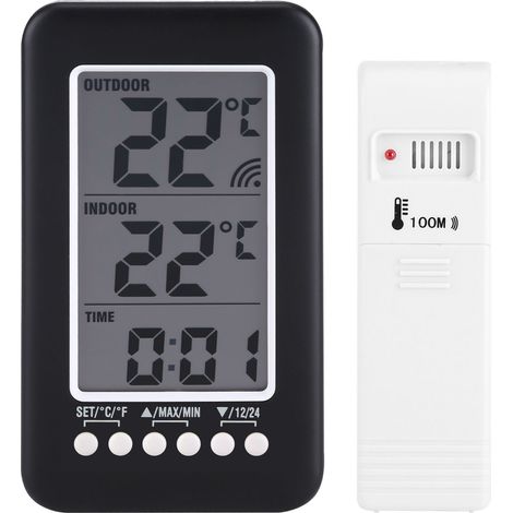 Termómetro digital LCD para interiores y exteriores con reloj y transmisor inalámbrico. (1/5)