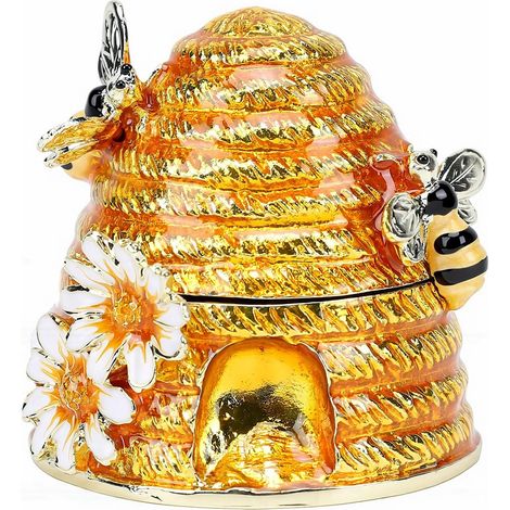 Boîte à bibelots en forme de nid d'abeille, boîte à bijoux en émail avec couvercle à charnière, boîte de rangement Miniature pour bagues et boucles d'oreilles en forme de ruche (1/5)