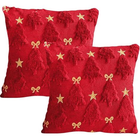 Housse de coussin brodée avec motif papillon et étoile à cinq branches, Taie d'oreiller en peluche douce motif sapin de Noël pour salon, chambre à coucher nœud, rouge 45×45CM (1/5)